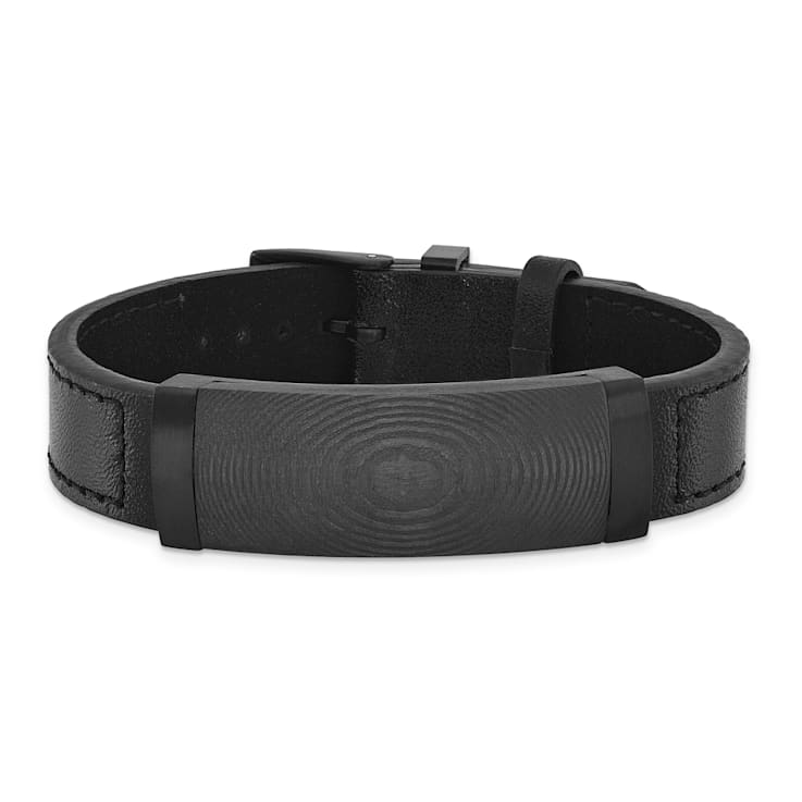 Black Leather and Stainless Steel Black IP-plated Solid Carbon Fiber Bracelet
