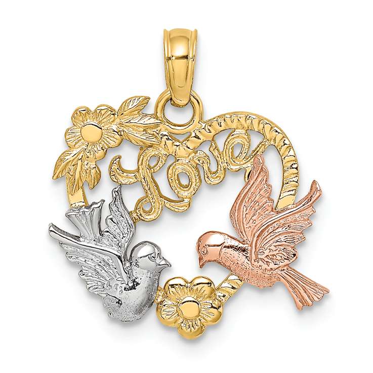 14K Tri-color Gold Textured LOVE with Doves Heart Charm