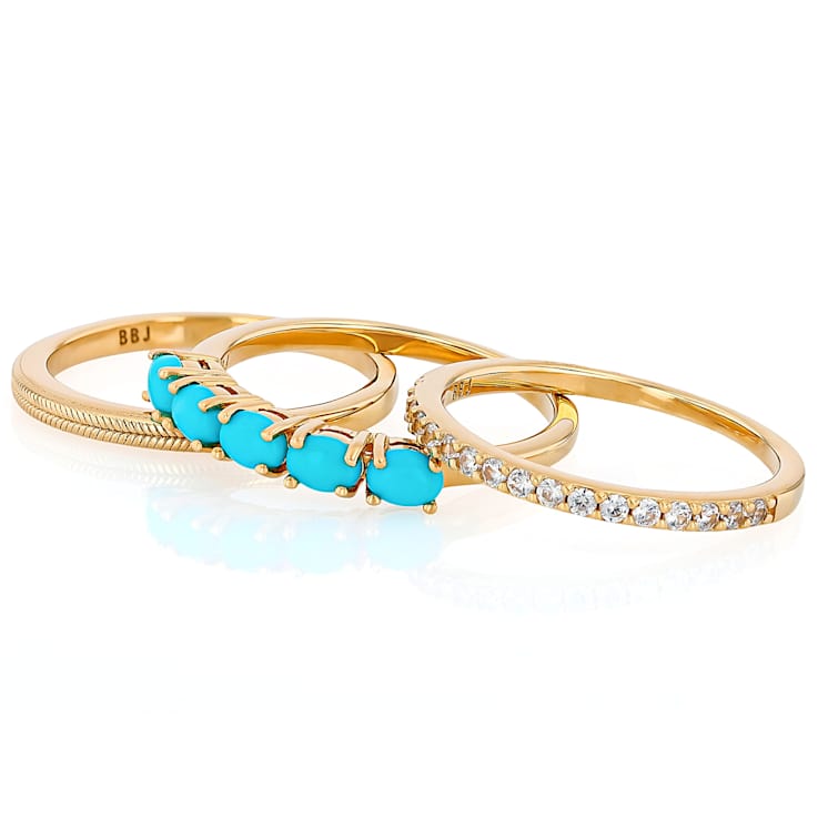 Turquoise And Solid Band Ring Set Of 3 In 18K Gold Over Sterling Silver 0.83ctw