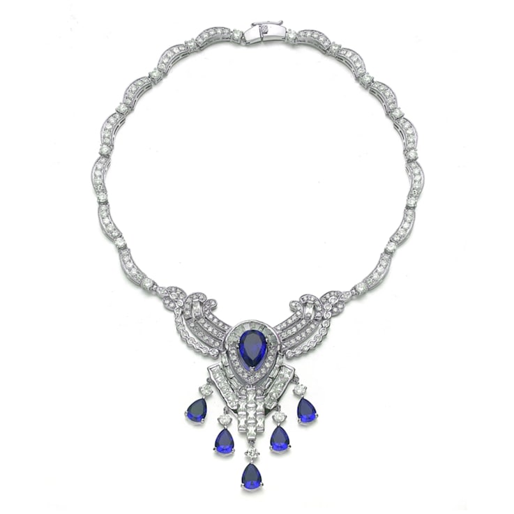 Sapphire Blue Cubic Zirconia, Rhodium Plated Over Sterling Silver
Teardrop Necklace