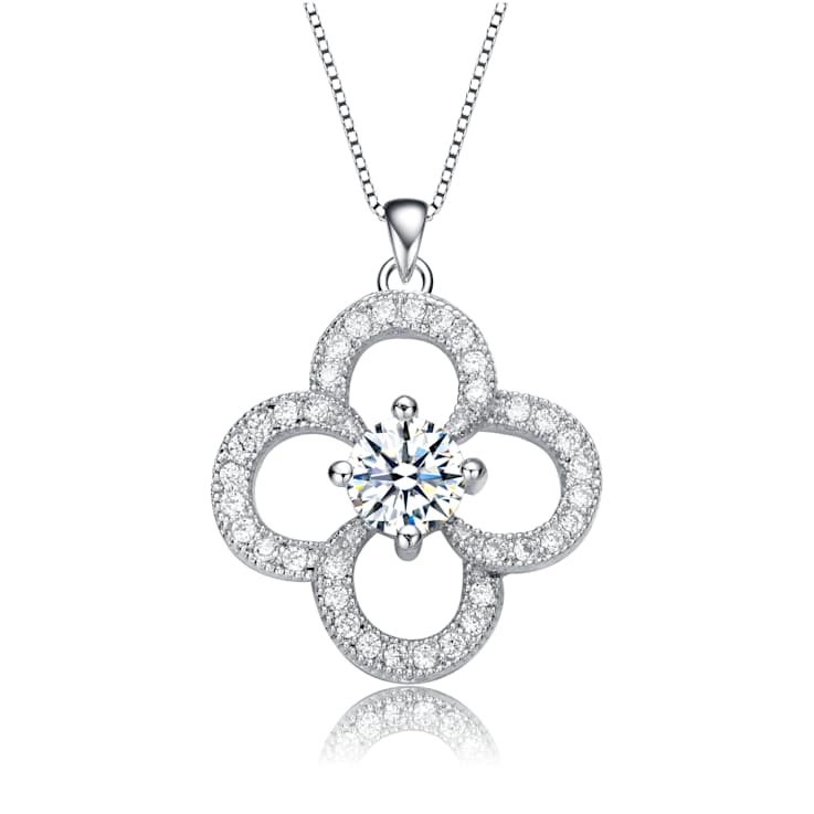 CZ Flower Pendant Necklace In White Rhodium Over Brass