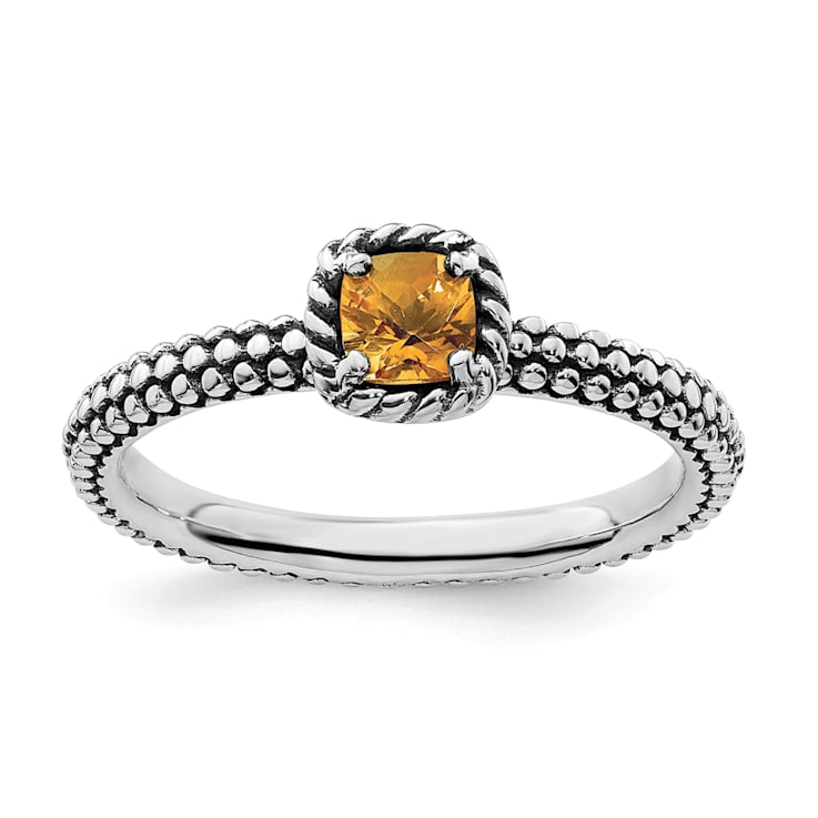 Sterling Silver Stackable Expressions Checker-cut Citrine Antiqued Ring 0.21ctw