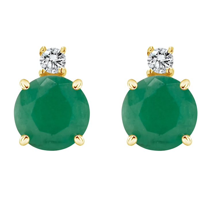 5mm Round Emerald with Diamond Accents 14k Yellow Gold Stud Earrings