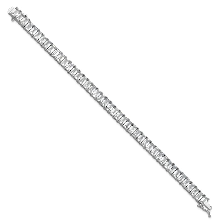 Rhodium Over Sterling Silver Polished Emerald-cut Cubic Zirconia Tennis Bracelet