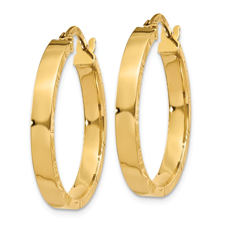 14k Yellow Gold Diamond-Cut Edge Ans Polished 1 1/16" Medium Hoop Earrings