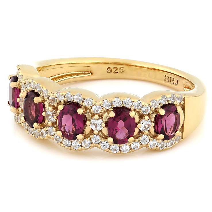 Grape Color Garnet Oval And White Zircon Ring In 18K Gold Over Sterling
Silver 1.15ctw