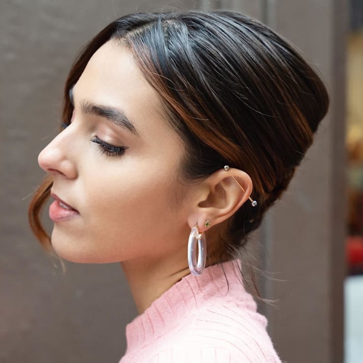 14K Yellow Gold Over Sterling Silver Flat Oval Acrylic Hoops in Blue