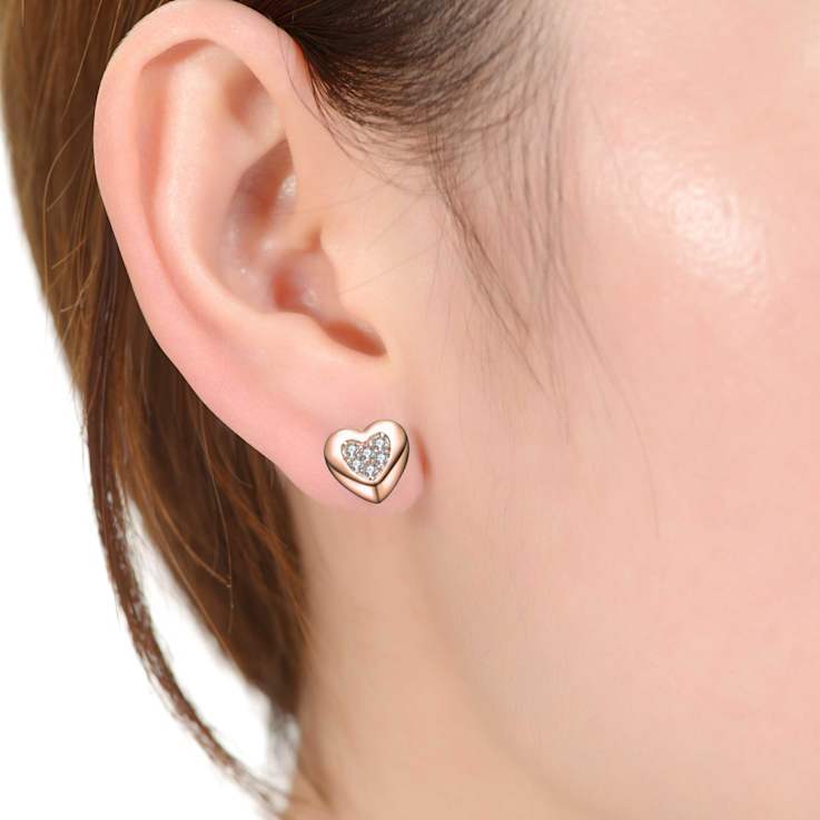 Heart-Shaped CZ Pave Stud Earrings In 18K Rose Gold Over Brass