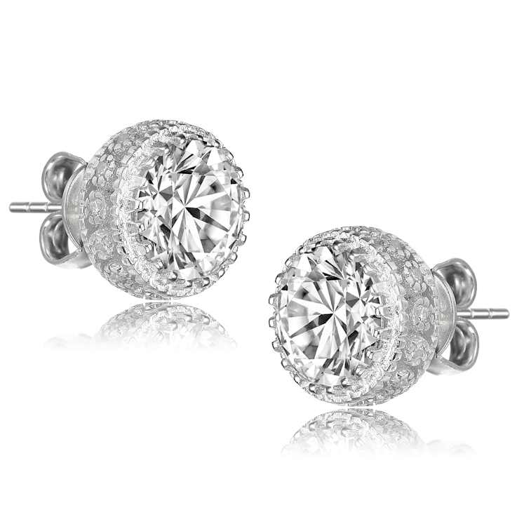 CZ Halo Stud Earrings In Sterling Silver