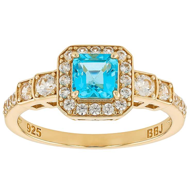 Blue Apatite And White Zircon Ring In 18K Gold Over Sterling Silver 1.50ctw