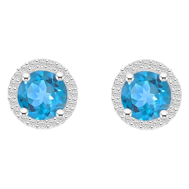 6mm Round Blue Topaz And Created White Sapphire 10k White Gold Halo Stud Earrings