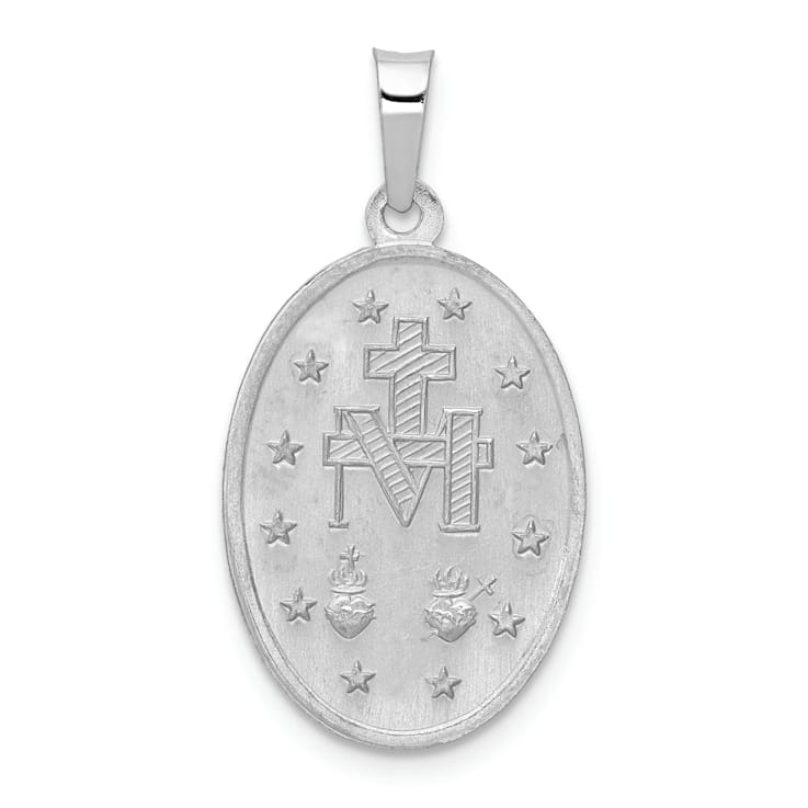 Rhodium Over 14k White Gold Satin Miraculous Oval Medal Pendant
