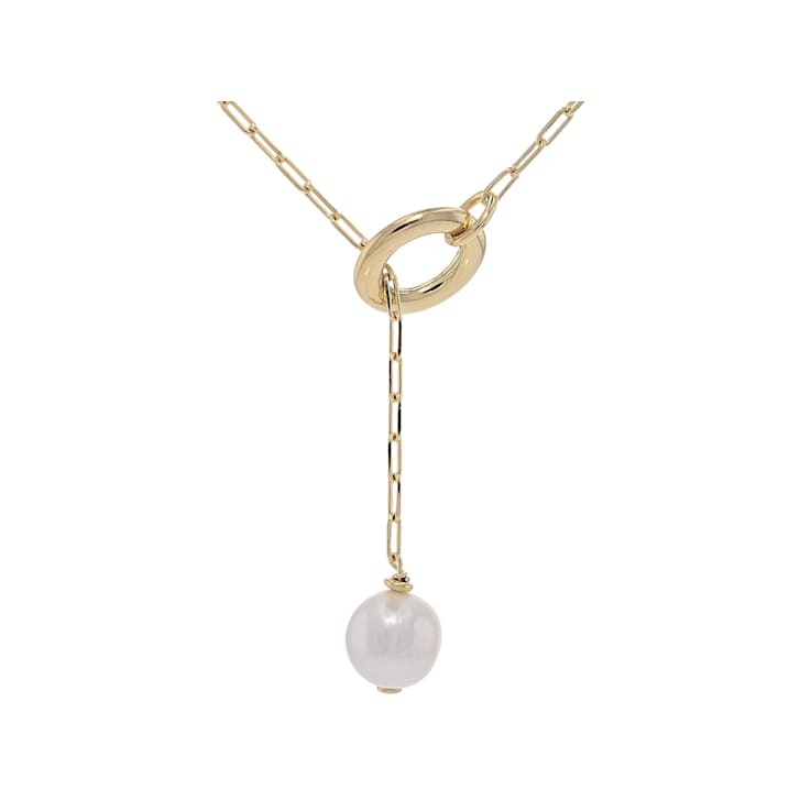 Cultured Freshwater Pearl Lariat Necklace In 18K Gold Over Bronze 20 Inch