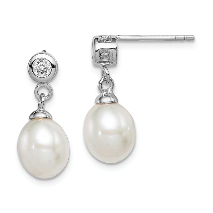 Rhodium Over Sterling Silver 7-8mm White Freshwater Cultured Pearl Cubic
Zirconia Dangle Earrings