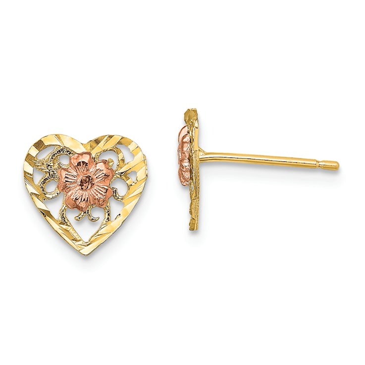 14K Yellow Gold and 14K Rose Gold Diamond-Cut Heart and Flower Stud Earrings