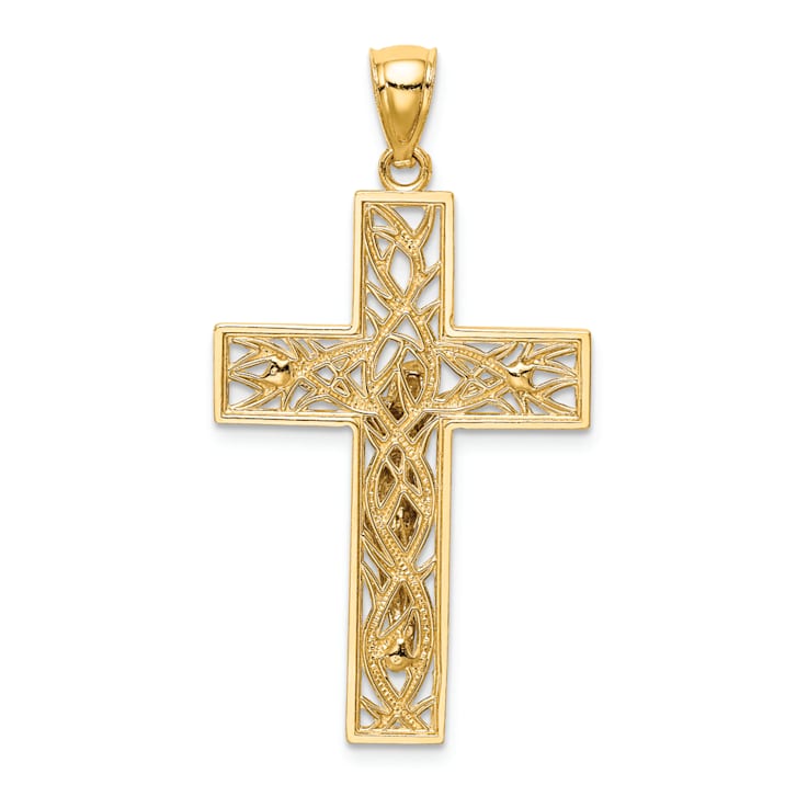 14K Yellow and White Gold Satin Polished Diamond-cut Crucifix with Vines  Pendant