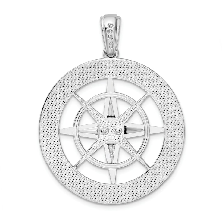 Rhodium Over Sterling Silver Polished Large Nautical Compass Pendant