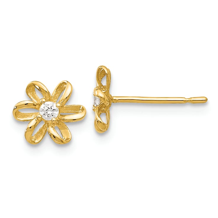 14K Yellow Gold Cubic Zirconia Children's Flower Post Earrings
