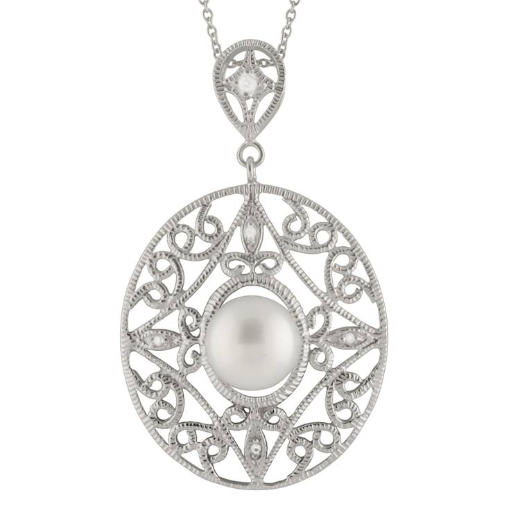 10-11mm Button White Cultured Freshwater Pearl and CZ Rhodium Over
Sterling Silver Pendant