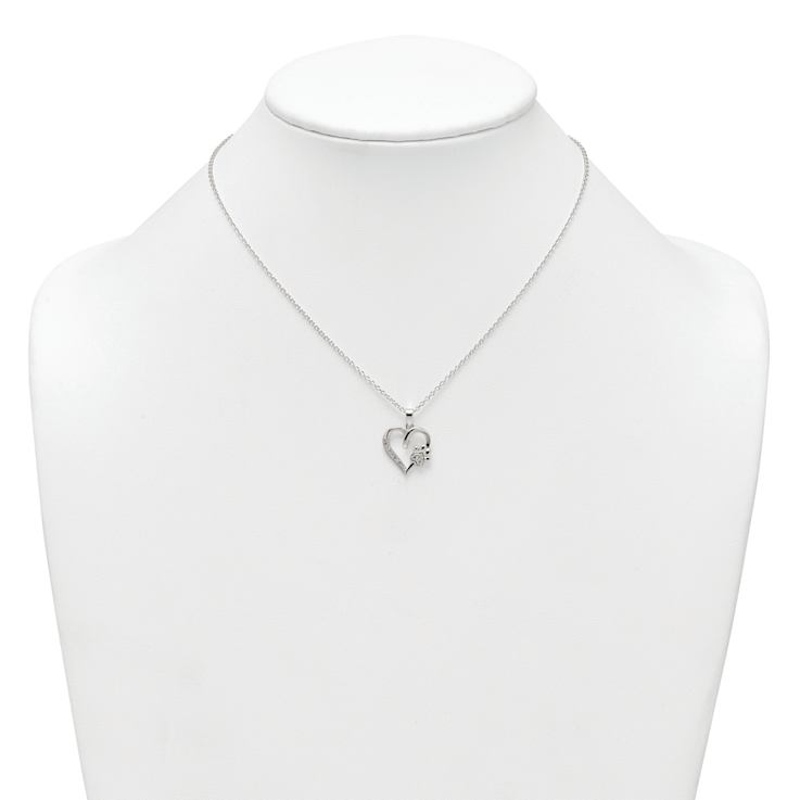 Sterling Silver Polished Cubic Zirconia Heart and Paw Necklace