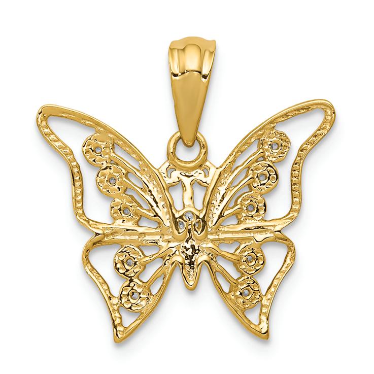 14K Two-tone Gold  Textured Diamond Butterfly Pendant