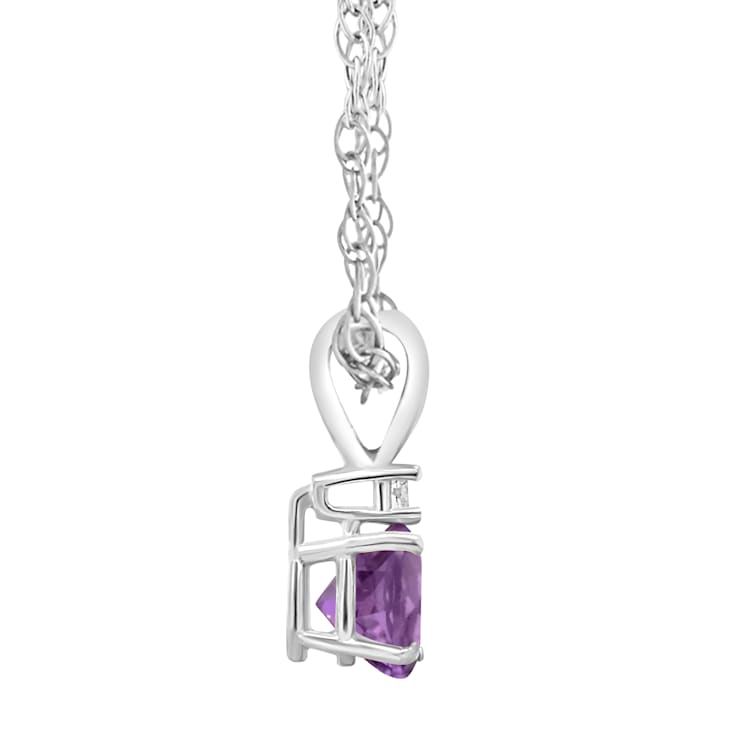 5mm Round Amethyst with Diamond Accent 14k White Gold Pendant With Chain