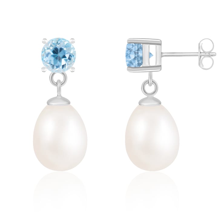 White Freshwater Pearl And Blue Topaz Dangle Earrings In Sterling Silver
