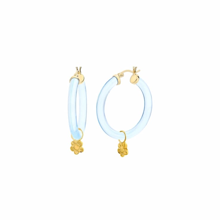 14K Yellow Gold Over Sterling Silver Acrylic Mini Flower Charm Hoop
Earrings in Blue