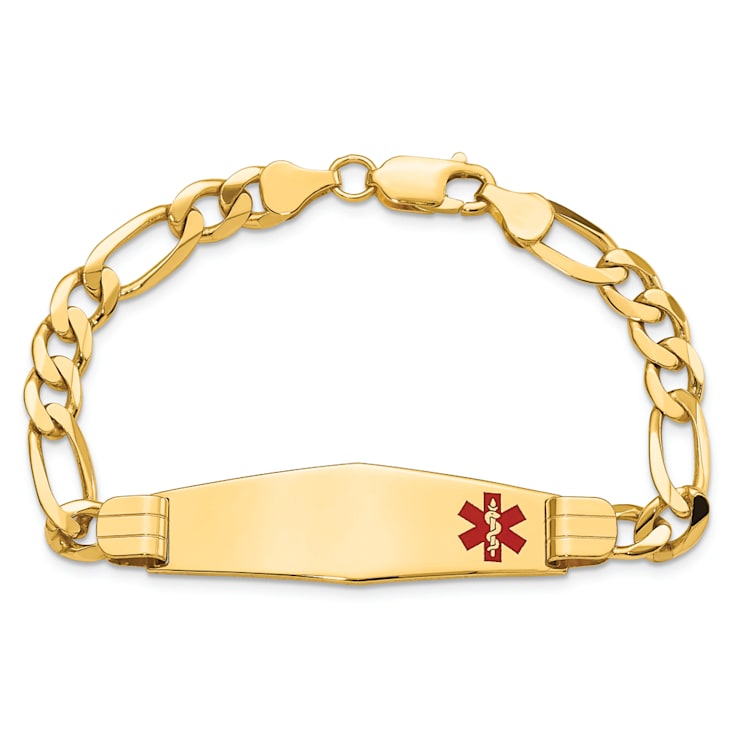 14k Yellow Gold Medical Soft Diamond Shape Red Enamel Flat Figaro Link
ID Bracelet