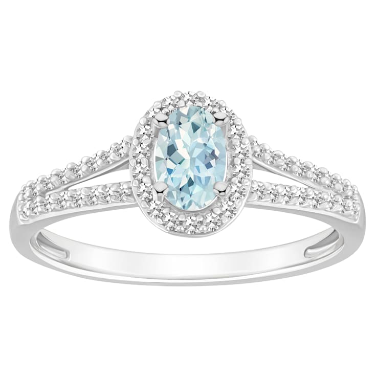 6x4mm Oval Aquamarine 1/4 ctw Diamond Rhodium Over Sterling Silver Halo Ring