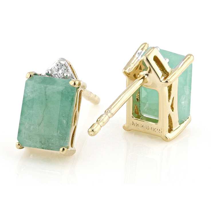 Emerald And White Zircon Stud Earrings In 18K Gold Over Sterling Silver 1.75ctw