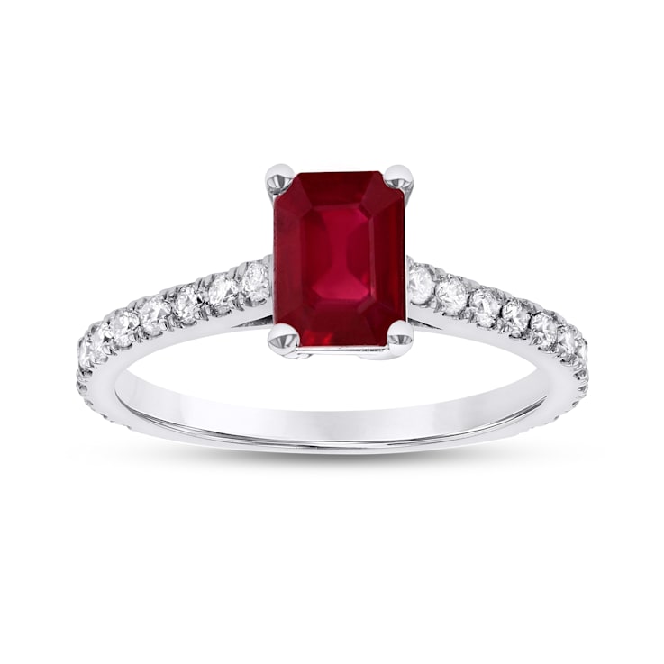 1.36ctw Diamond and Emerald Cut Ruby Engagement Ring 14k White Gold