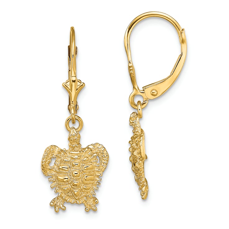 14K Yellow Gold Textured Turtle Dangle Earrings
