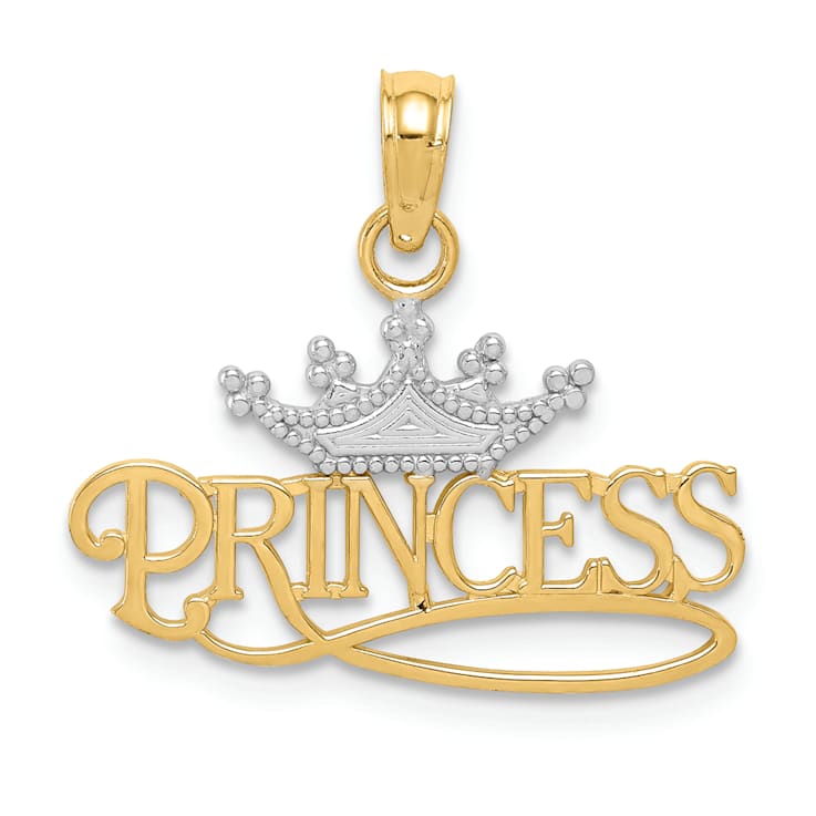 10K Yellow Gold and Rhodium Over 10K Yellow Gold Textured Princess with
White Crown Charm