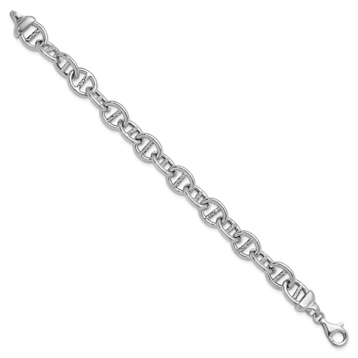 Rhodium Over Sterling Silver Polished and Textured Mariner Link Bracelet