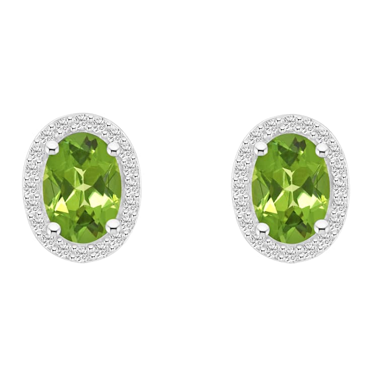 7x5mm Oval Peridot And Created White Sapphire 10k White Gold Halo Stud Earrings