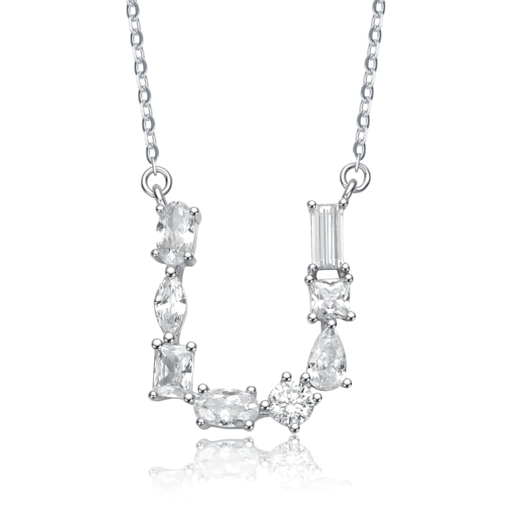 Initial U Mixed Cut CZ Pendant Necklace In Sterling Silver 18 Inch