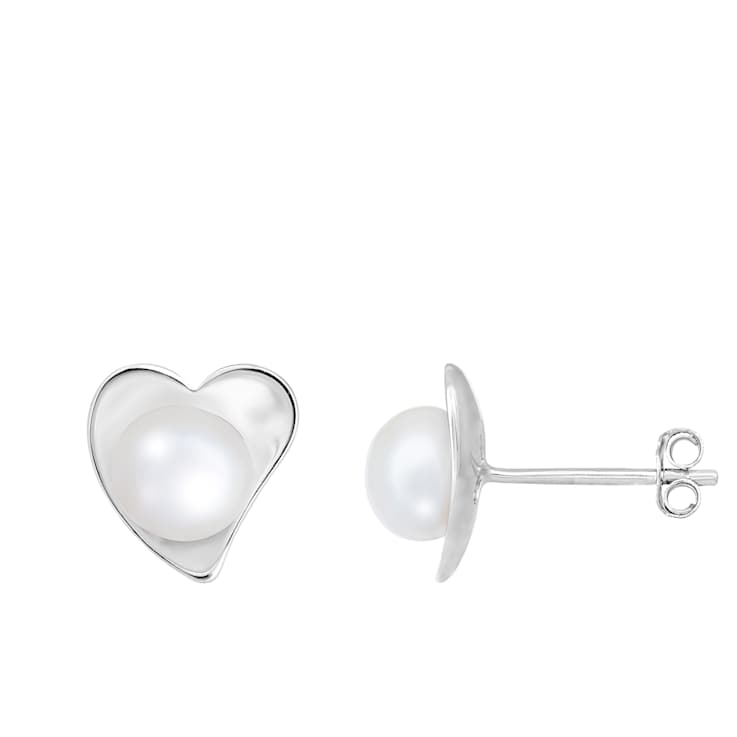 6-7mm White Cultured Freshwater Pearl Rhodium Over Sterling Silver Earrings