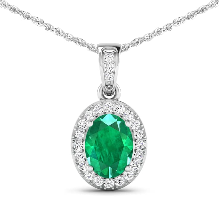 1.0ctw 14K White Gold Zambian Emerald and White Diamond Pendant with 18
inch Cable Chain