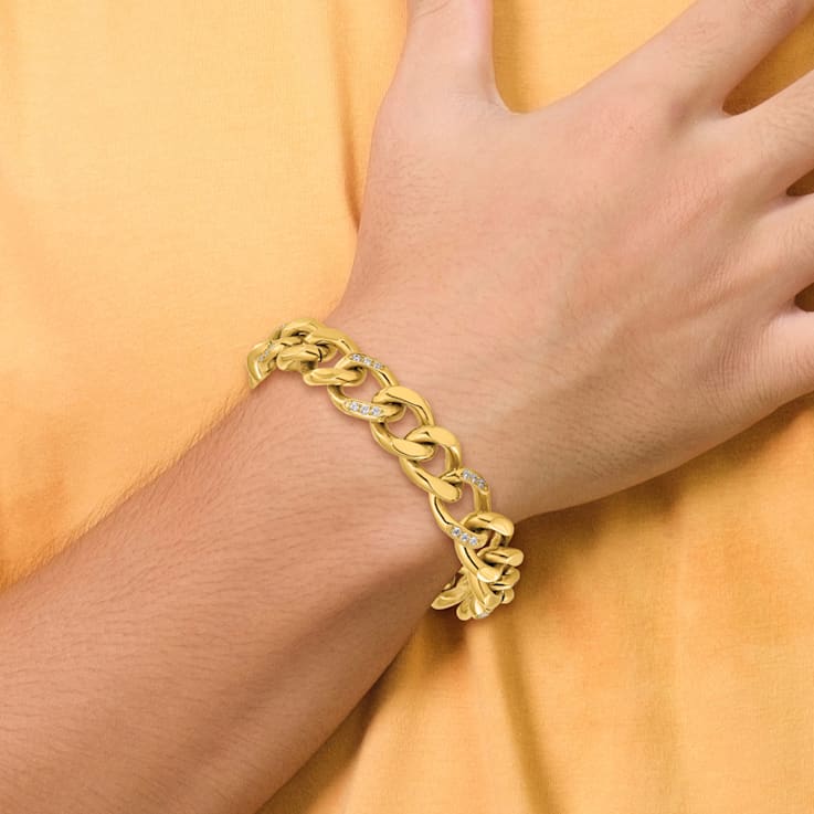White Cubic Zirconia Stainless Steel Polished Yellow IP Plated Men's Bracelet
