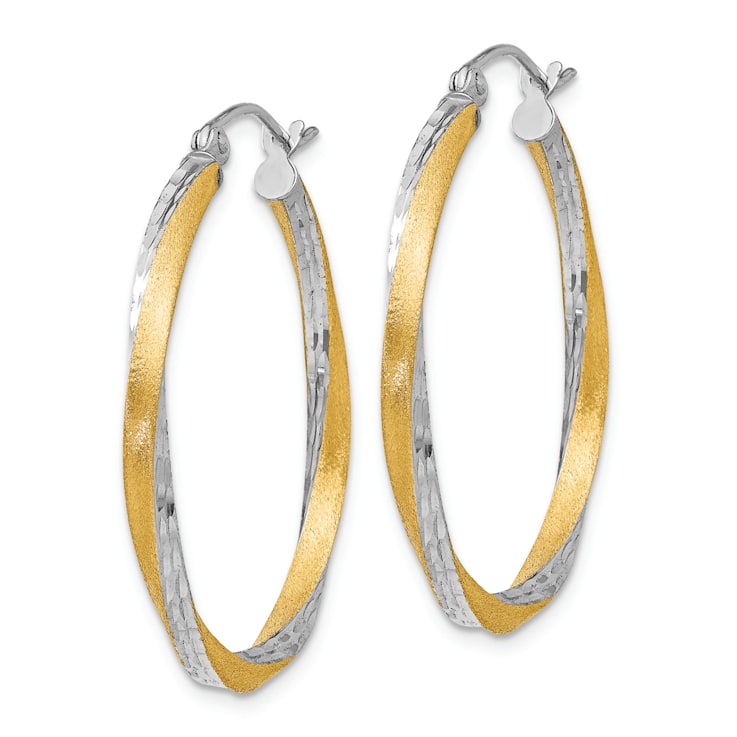 14k Yellow Gold and Rhodium Over 14k Yellow Gold 1 3/16" Satin
Diamond-cut Twisted Hoop Earrings