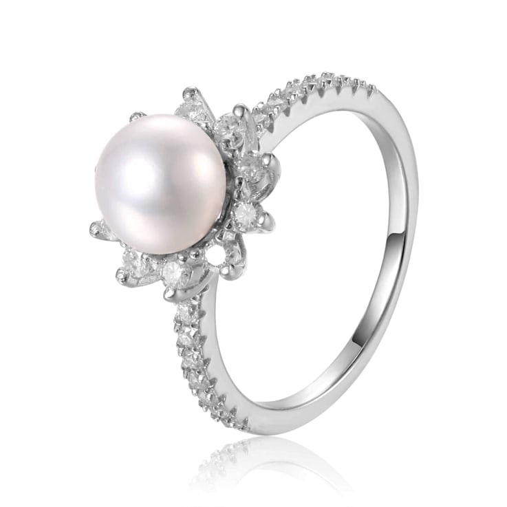Freshwater Pearl and Moissanite Rhodium Over Sterling Silver Halo Flower
Design Ring