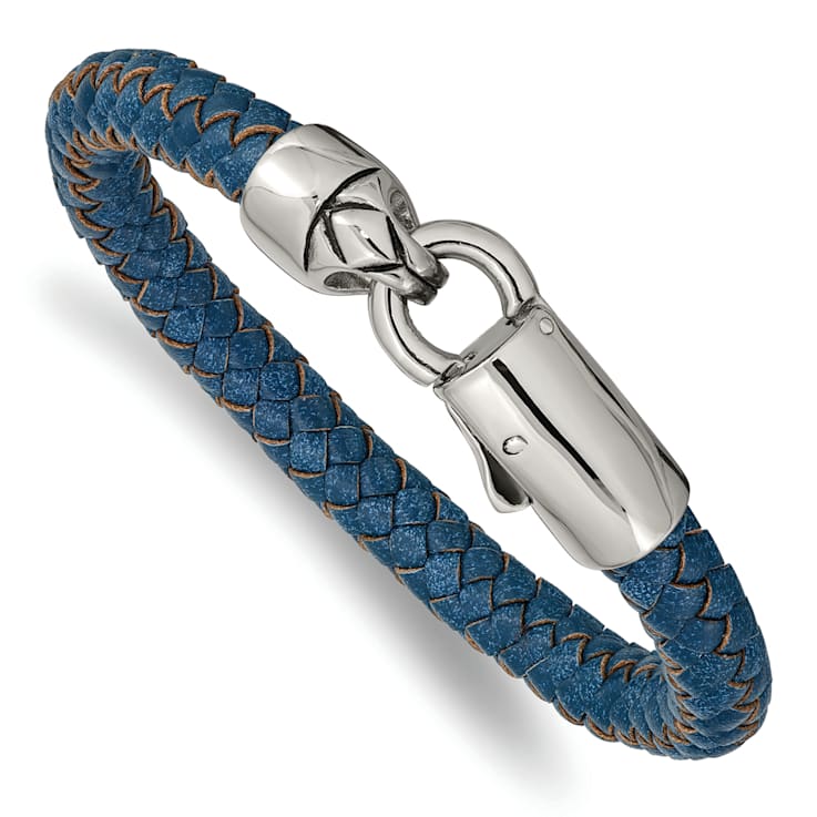 Blue Leather and Stainless Steel Antiqued and Polished 8.25-inch Bracelet