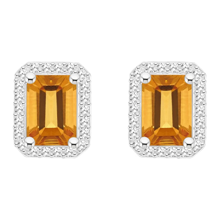 7x5mm Emerald Cut Citrine 1/5 ctw Diamond Rhodium Over Sterling Silver
Halo Stud Earrings