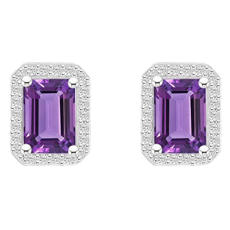 7x5mm Emerald Cut Amethyst And Created White Sapphire 10k White Gold
Halo Stud Earrings