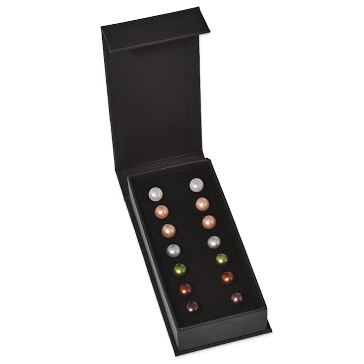 Rhodium Over Sterling Silver 7 Pairs 8-9mm Freshwater Cultured Pearl
Stud Ear Set