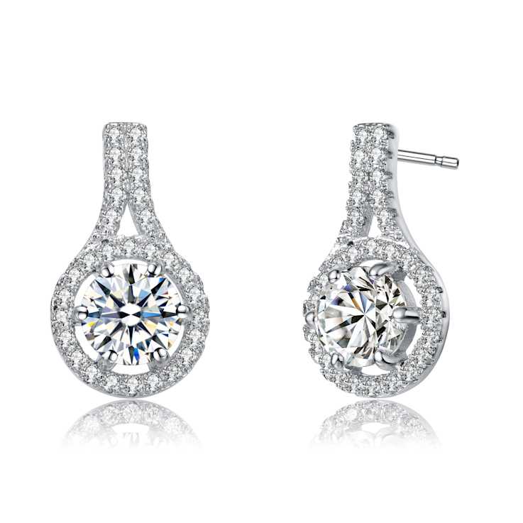 CZ Halo Drop Earrings In Rhodium Over Brass