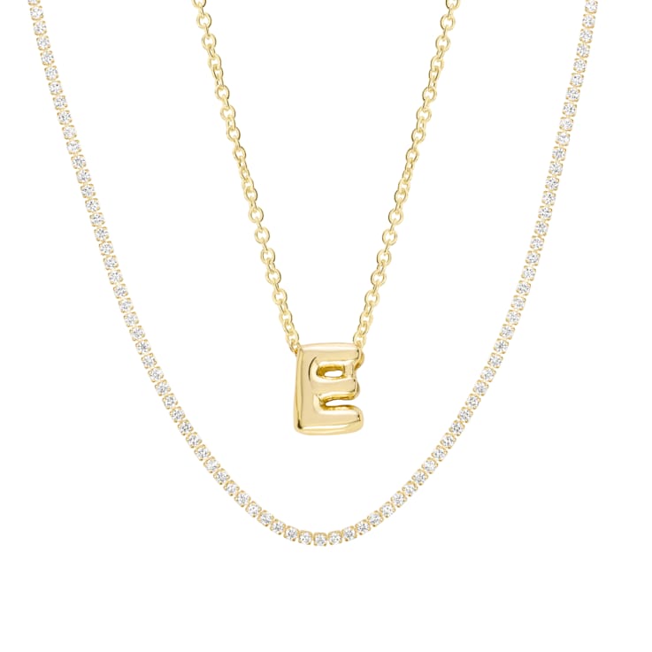 CZ Initial E Tennis Necklace And Pendant Set In 14K Gold Over Brass 4.05ctw
