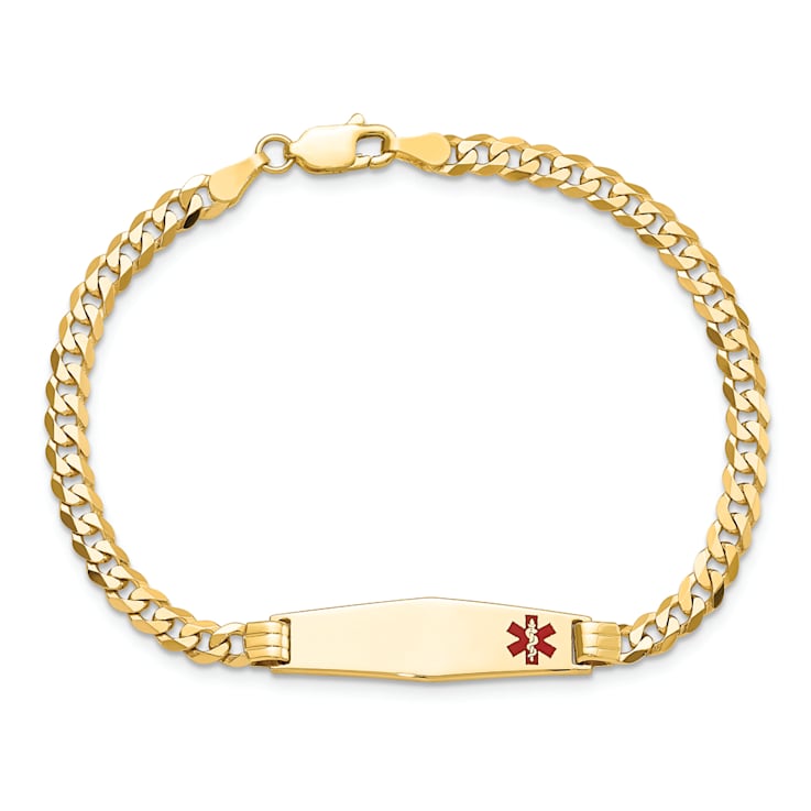 14k Yellow Gold Medical Soft Diamond Shape Red Enamel Curb Link ID Bracelet