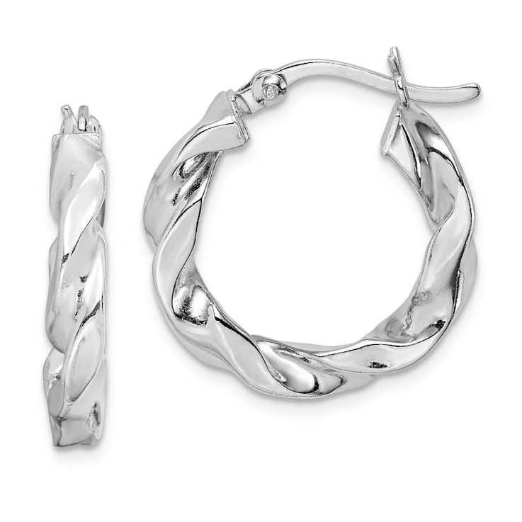 Rhodium Over Sterling Silver Twisted 3.5x20mm Hoop Earrings